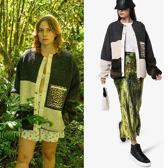 Sandy Liang Jackets & Blazers - SANDY LIANG 90s Patchwork Colorblock Wool Fleece Button Up Oversize Teddy Coat L